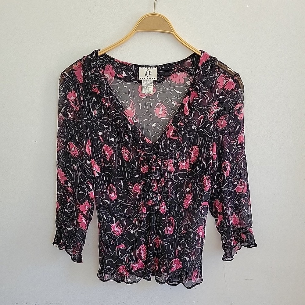 ICE Vintage Y2K Beaded Sheer Silk Floral Blouse Dark Fairy Feminine‎ Whimsigoth - Picture 7 of 14